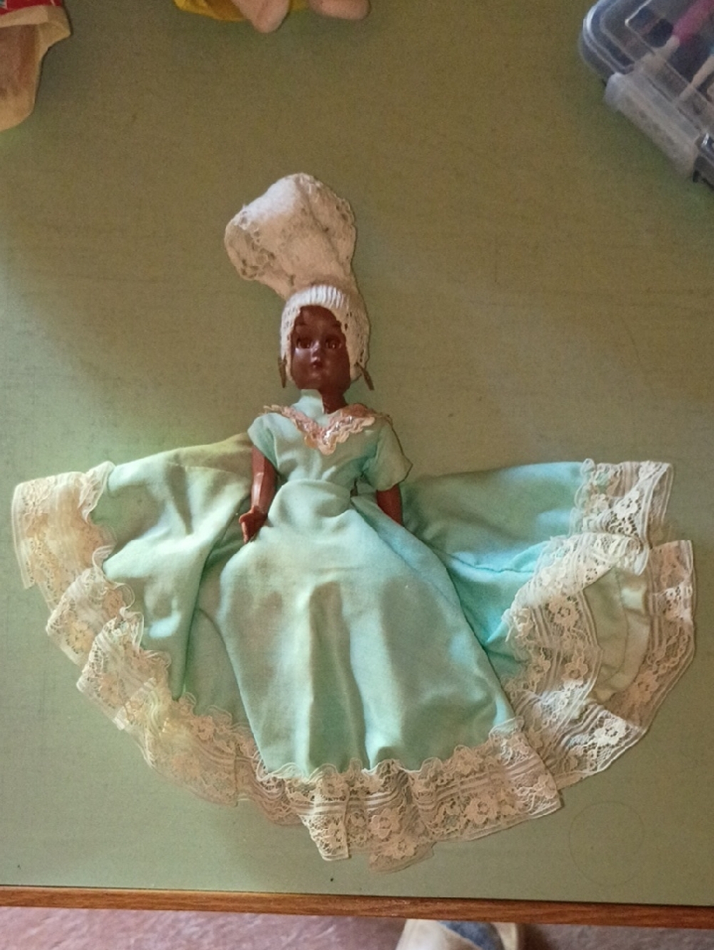 Vintage Style Doll in Mint Green Lace Dress